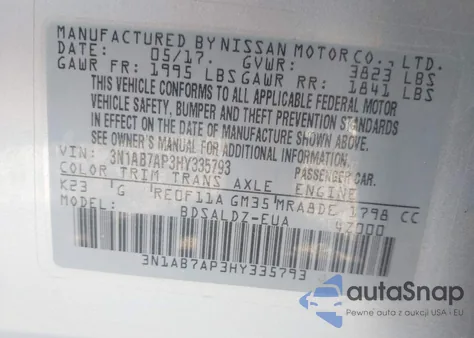 2017 Nissan Sentra Sv z USA, uszkodzony, nr VIN 3N1AB7AP3HY335793